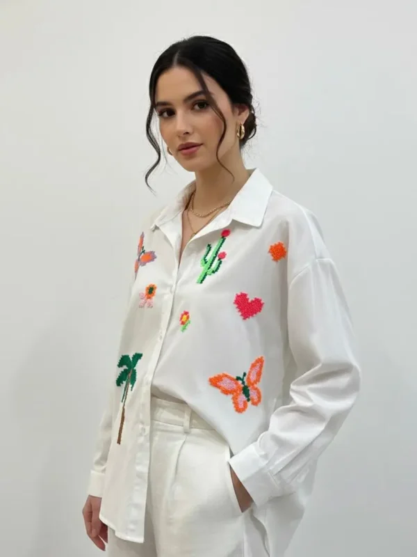 White Shirt Embroidered with Colorful Patterns