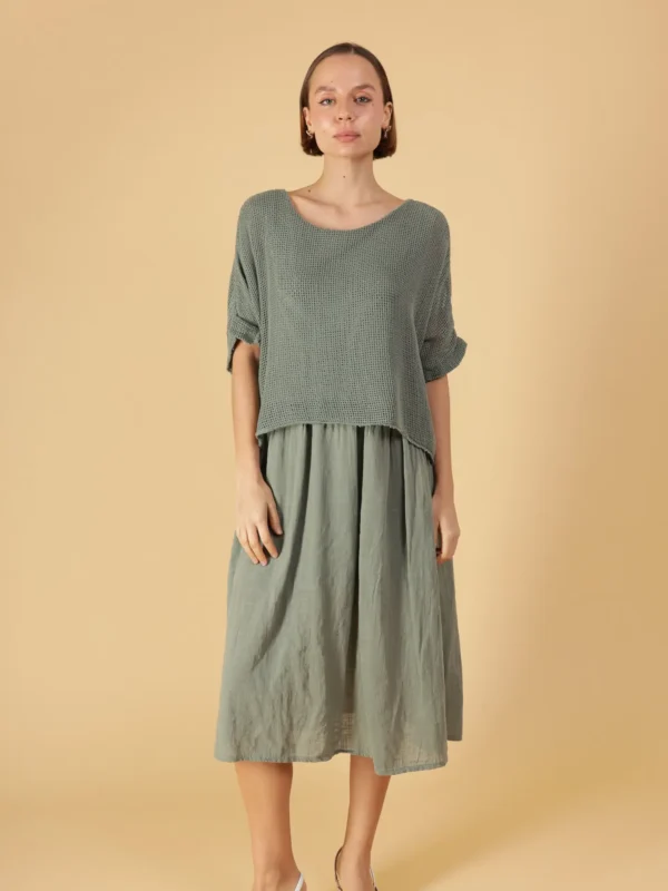 Fluid Midi Dress with Overlay and Short Sleeves