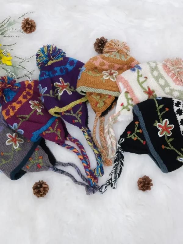 Hand Knit Wool Embroidery Hat with Fleece Lining