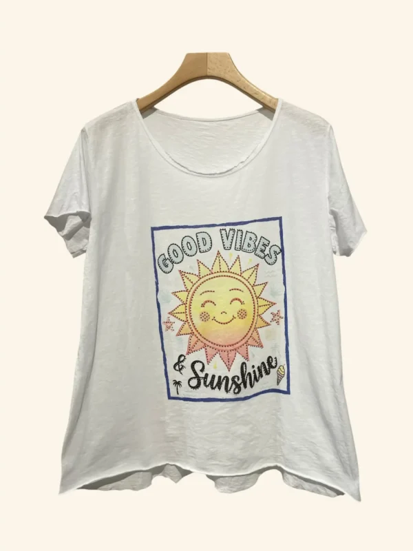 Printed T-Shirt with Rhinestones — Good Vibes & Sunshine