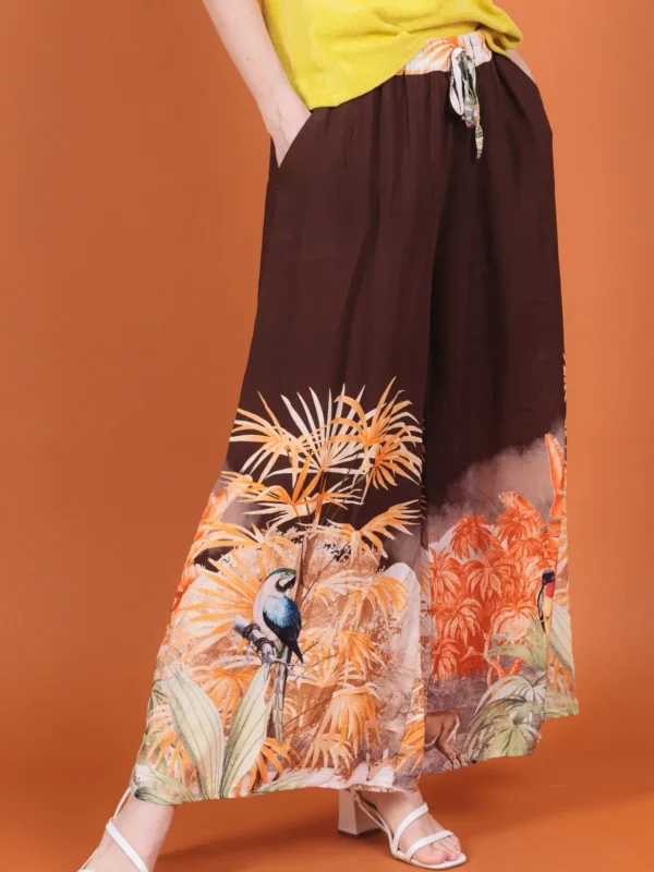 Tropical Pattern Viscose Pants with Elastic Waist