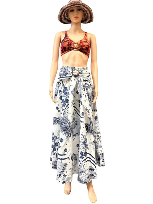 Cotton Blue Multi Print Coconut Button Skirt
