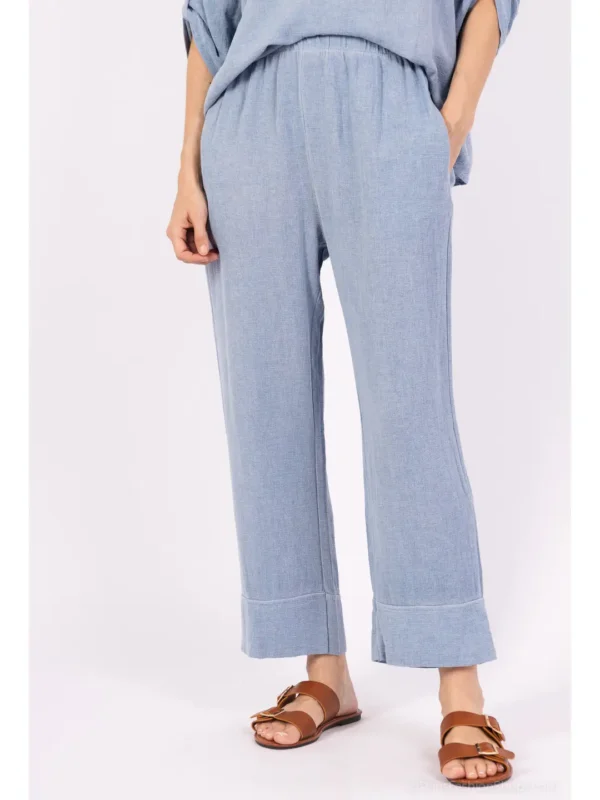 Wide-Leg Pants with Elastic Waistband and Cuffed Hem