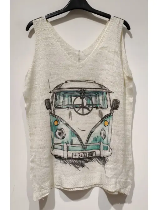 White Van Knit Printed Sleeveless Sweater