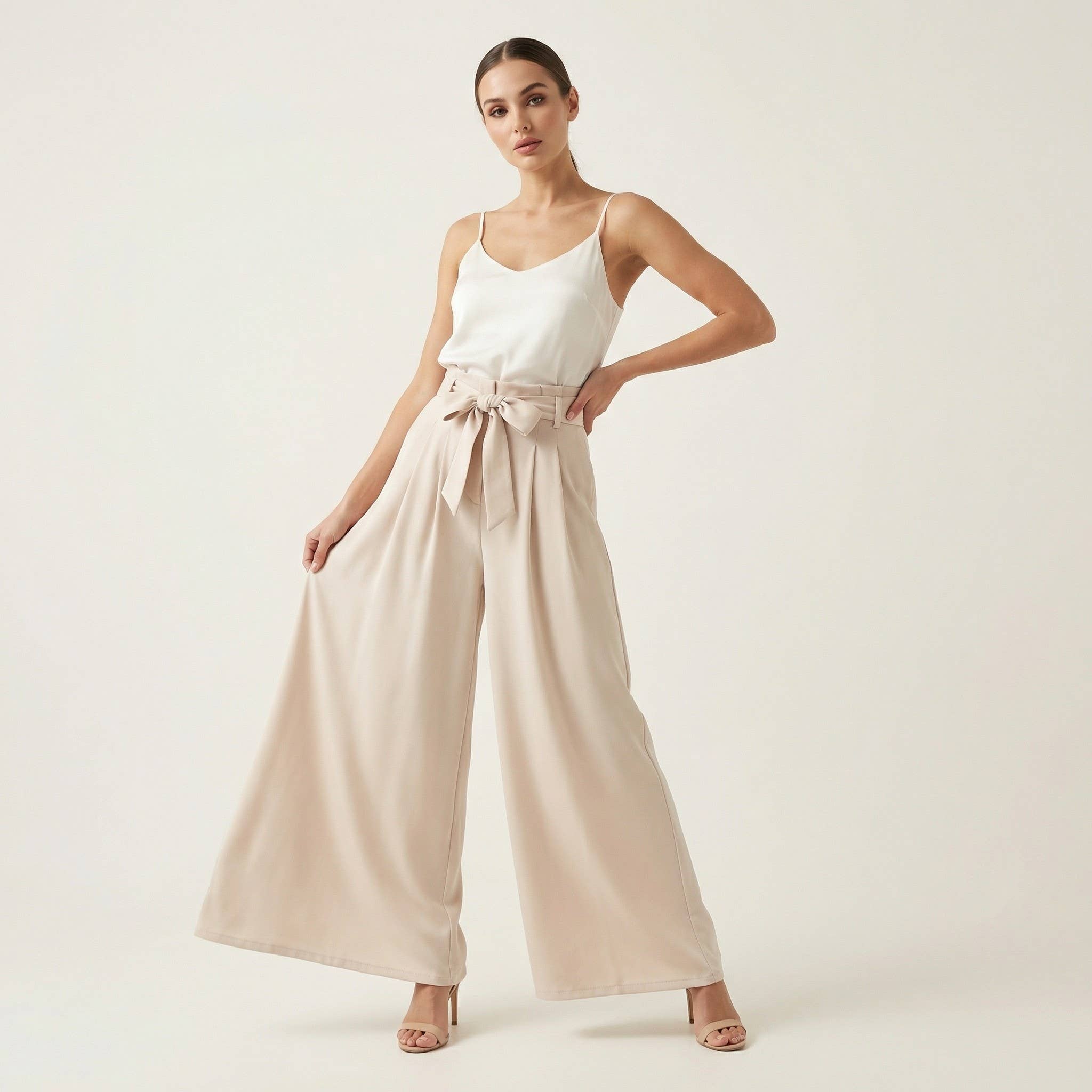 Wide Fluid Pleated Pants with Tie Belt