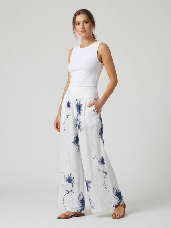 Wide Pants Elastic Waist Floral Pattern Pockets